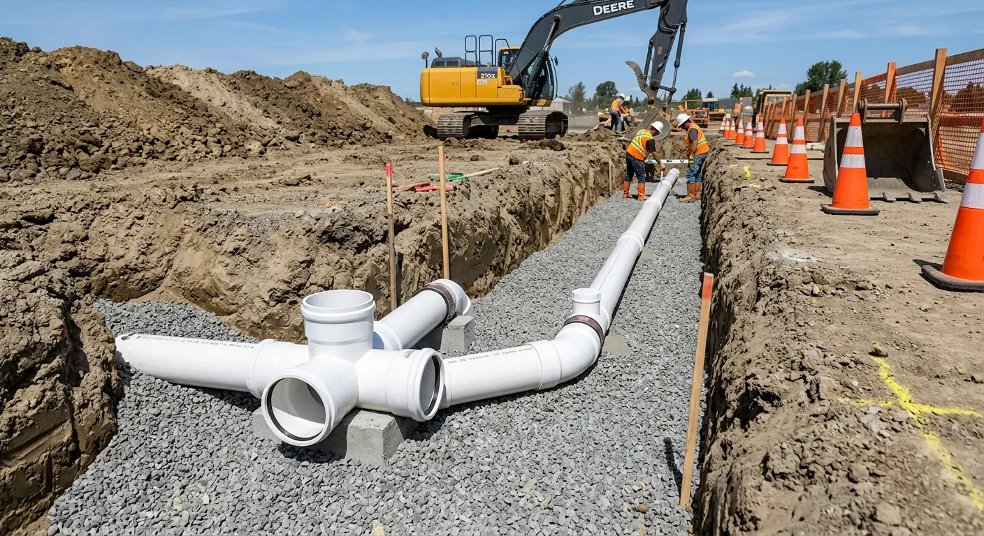 New PVC sewer pipe installation in open trench for Commercial Drain Cleaning in Burton