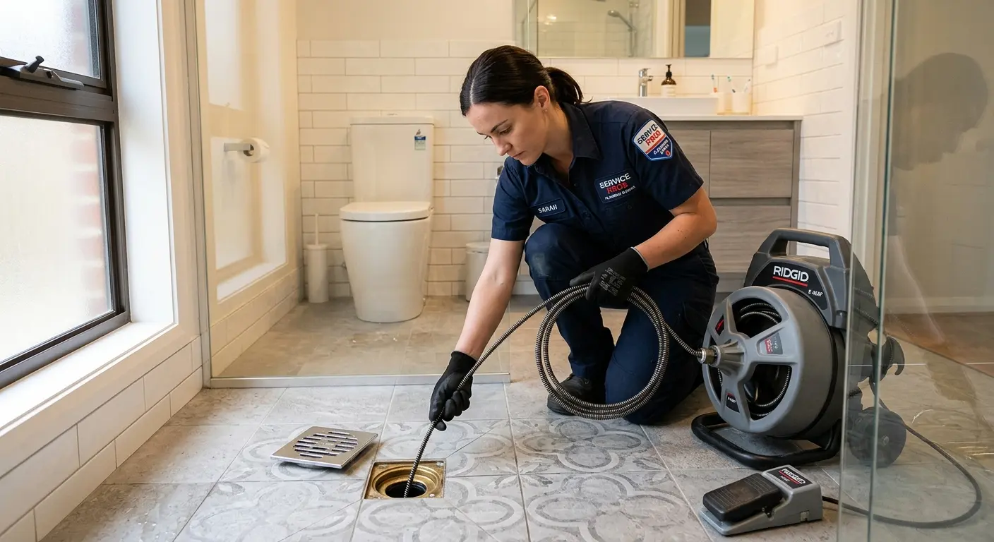 Technician clearing a bathroom floor drain for Drain Cleaning in Burton